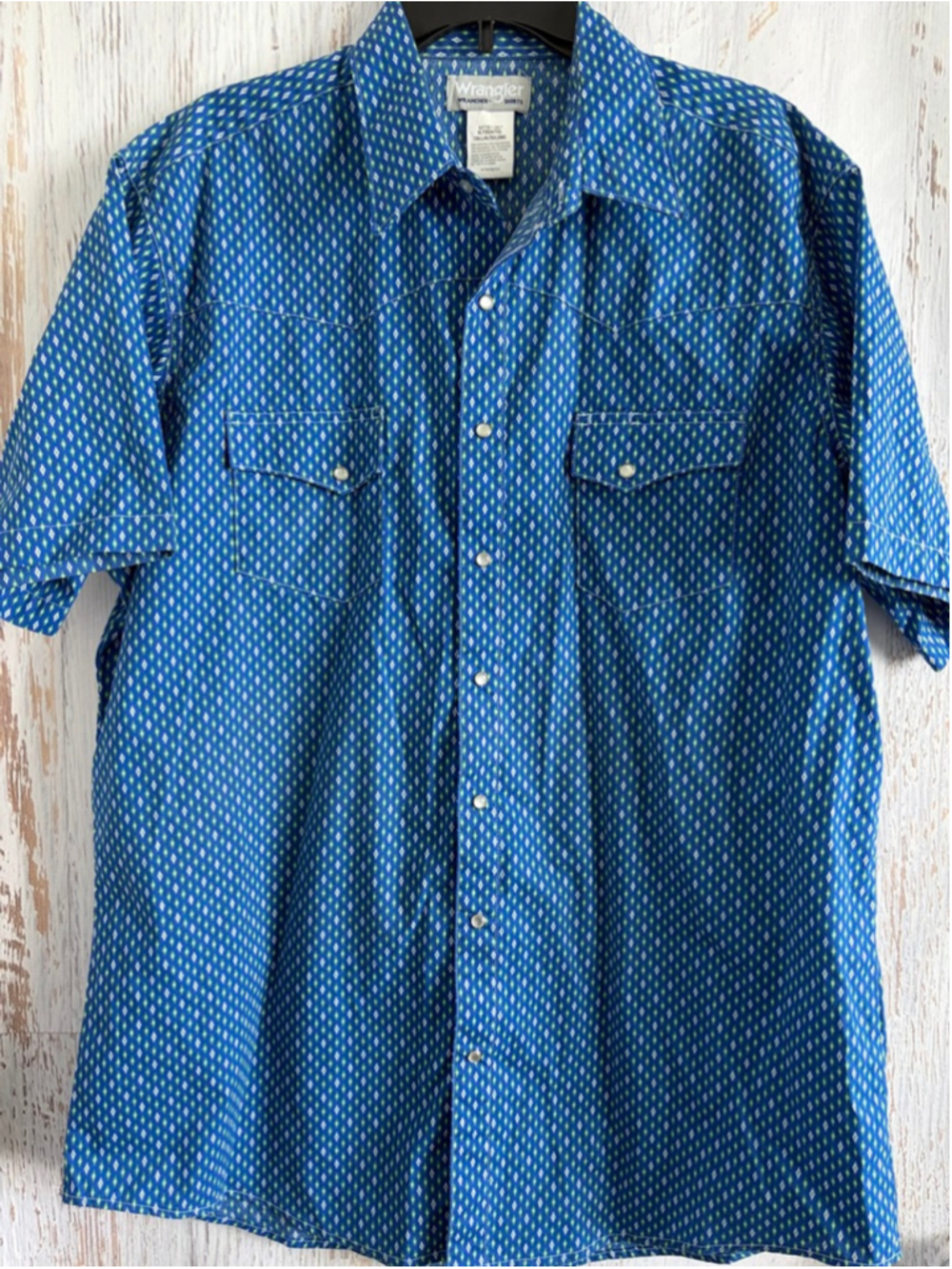 Men's Wrangler Wrancher Blue Green Diamond Print Casual Button Down Shirt XLT